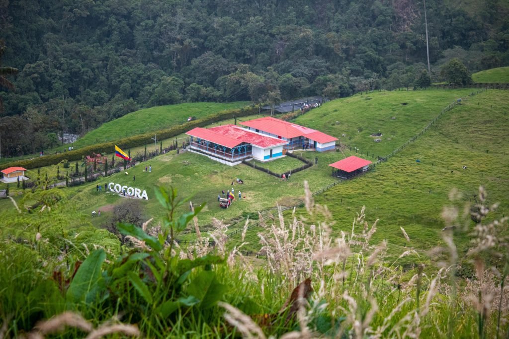 Scenic aerial view of Cocora Valley, Colombia with lush greenery and iconic buildings., tours Eje Cafetero