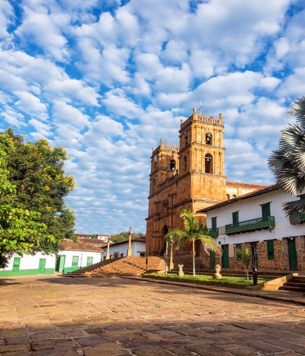 Vertical view of the cathedral in Barichara, Colombia with interesting sky
